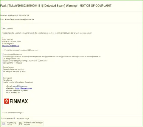 Схожая жалоба на официальный веб-сервис Фин Макс поступила и регистратору доменного имени сайта