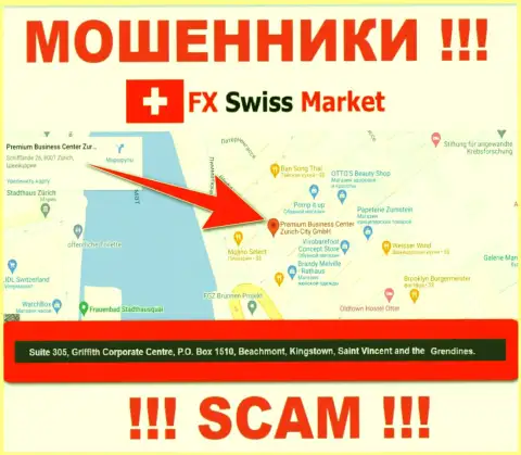 Организация FX SwissMarket указывает на веб-сервисе, что расположены они в оффшоре, по адресу Suite 305, Griffith Corporate Centre, P.O. Box 1510,Beachmont Kingstown, Saint Vincent and the Grenadines