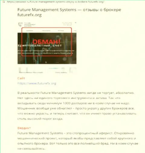 Футур Менеджмент Системс - это компания, совместное взаимодействие с которой доставляет только потери (обзор мошеннических деяний)