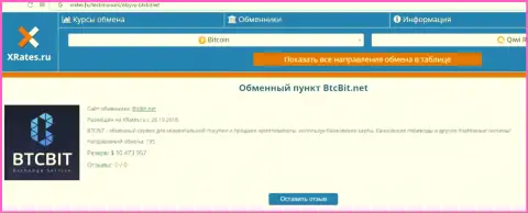 Информационная публикация об онлайн обменнике BTCBit Net на портале xrates ru