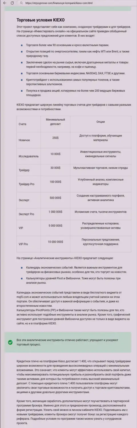 Разбор условий совершения торговых сделок компании Киехо в публикации на интернет-ресурсе otzyvyprovse com