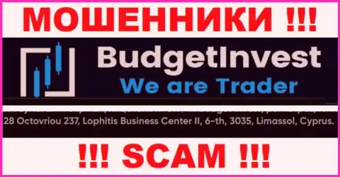 Не сотрудничайте с конторой BudgetInvest Org - указанные интернет-воры засели в оффшоре по адресу: 8 Octovriou 237, Lophitis Business Center II, 6-th, 3035, Limassol, Cyprus