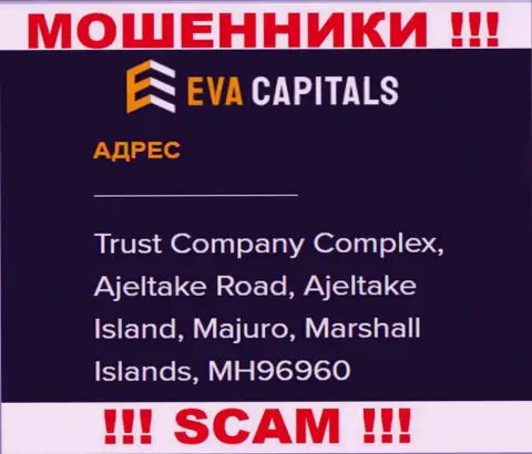 На веб-ресурсе Eva Capitals представлен оффшорный юридический адрес организации - Trust Company Complex, Ajeltake Road, Ajeltake Island, Majuro, Marshall Islands, MH96960, будьте внимательны - это аферисты