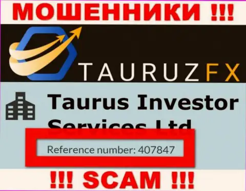 Регистрационный номер, который принадлежит противоправно действующей компании TauruzFX: 407847