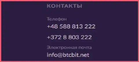 Номера телефонов и электронка обменки BTCBit Sp. z.o.o.