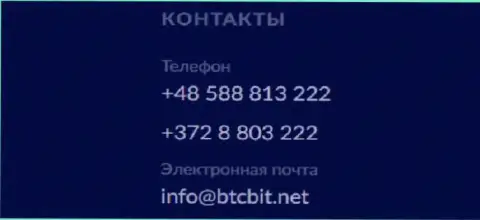 Телефон и электронный адрес интернет организации BTCBit Net