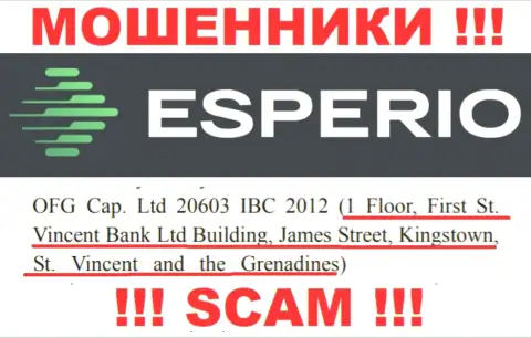 Незаконно действующая контора Esperio расположена в офшоре по адресу: 1 Floor, First St. Vincent Bank Ltd Building, James Street, Kingstown, St. Vincent and the Grenadines, будьте осторожны