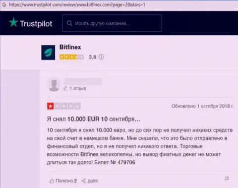 Доверчивого клиента накололи на средства в незаконно действующей компании Bitfinex - это отзыв